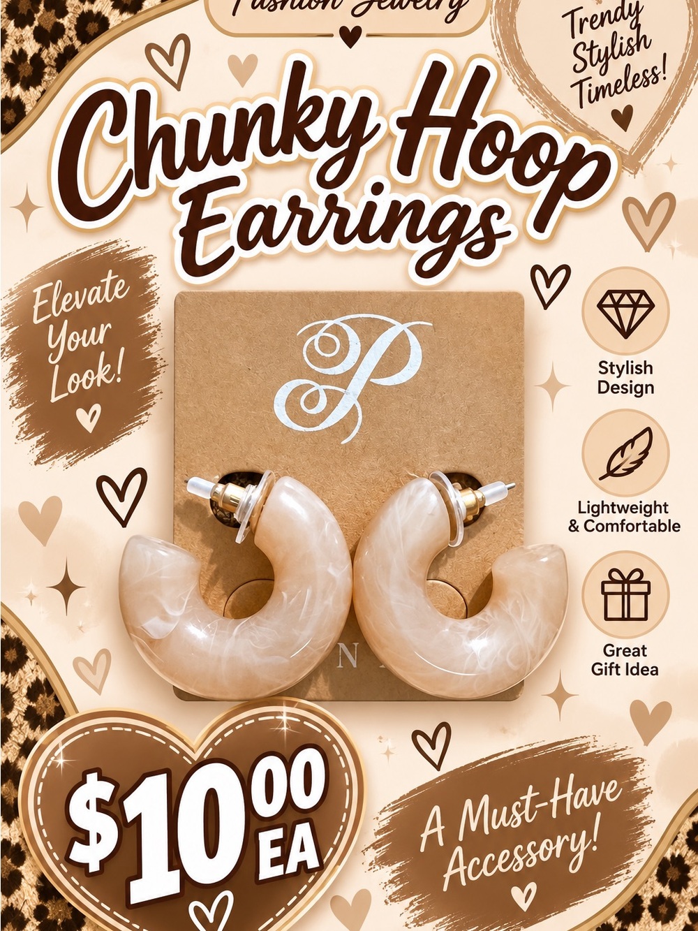 Plunder Chunky Hoop Earrings in Cream Marble